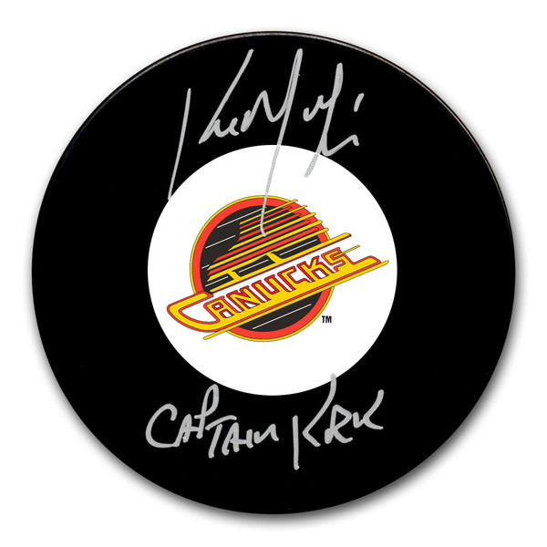 Kirk McLean autographed Vancouver Canucks hockey puck with Captain Kirk inscription