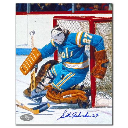 Gilles Meloche California Golden Seals teal jersey signed 8x10 photo—autographed memorabilia for vintage collectors.
