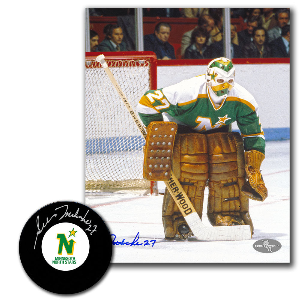 Gilles Meloche autographed Minnesota North Stars hockey puck and 8x10 photo combo
