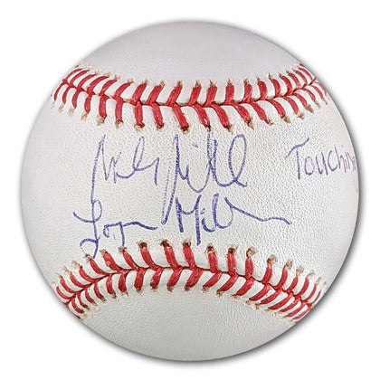Noah & Logan Miller signed MLB official baseball featuring bold autographs on white leather with classic red stitching throughout.