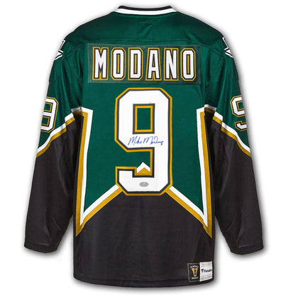 Autographed Mike Modano Dallas Stars Fanatics vintage jersey, signed on the number 9—official NHL memorabilia.
