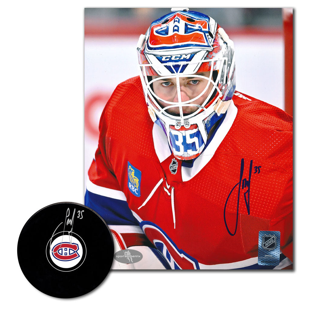 Sam Montembeault autographed Montreal Canadiens hockey puck and 8x10 photo combo featuring Canadiens goalie close-up and signed team logo puck
