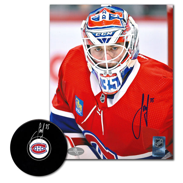 Sam Montembeault autographed Montreal Canadiens hockey puck and 8x10 photo combo featuring Canadiens goalie close-up and signed team logo puck