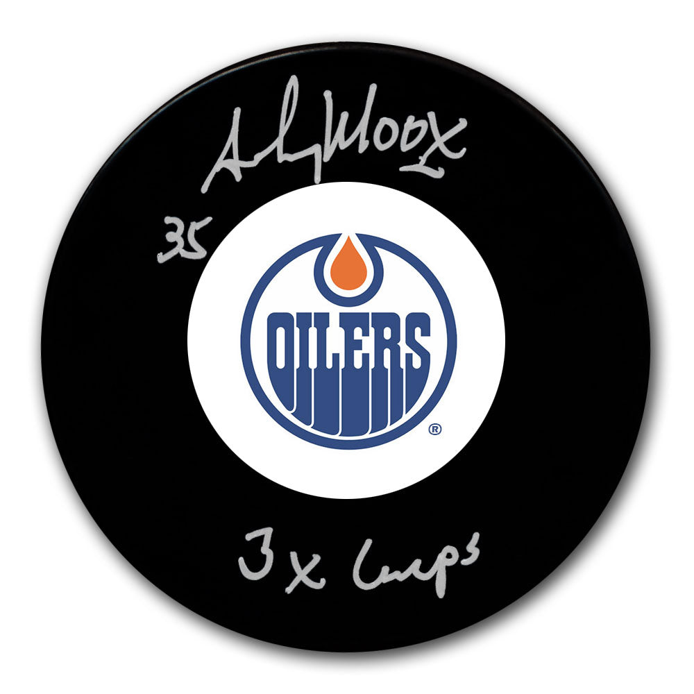 Andy Moog Autographed Edmonton Oilers Puck - Stanley Cup Inscription