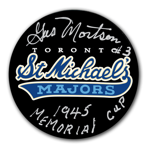 Authentic Gus Mortson Toronto St. Michaels Majors 1945 Memorial Cup Autographed Puck - SportAuthentix