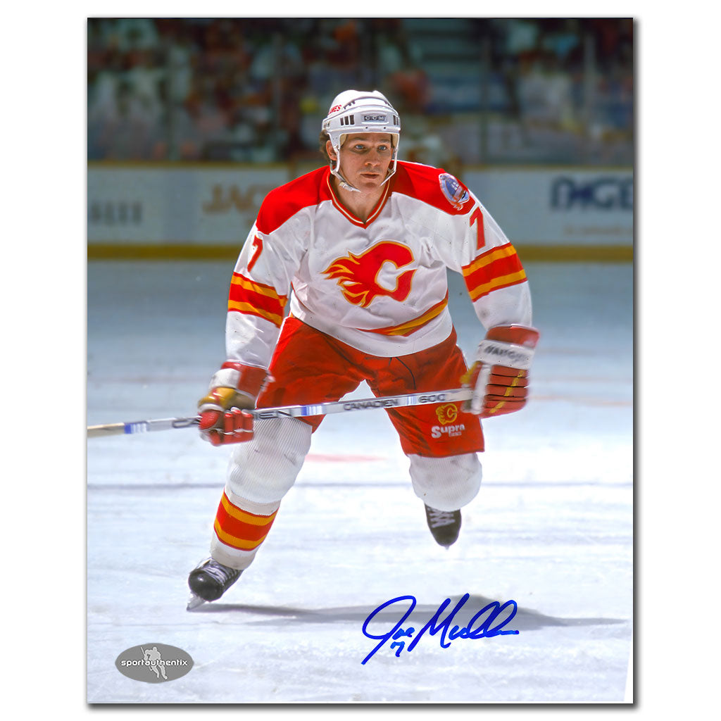 Joe Mullen Calgary Flames WHITE JERSEY Autographed 8x10
