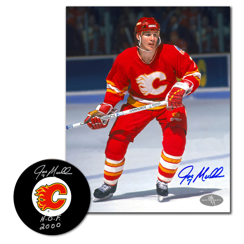 Joe Mullen autographed Calgary Flames hockey puck and 8x10 photo combo featuring Flames game action and signed team logo puck with HOF 2000 inscription