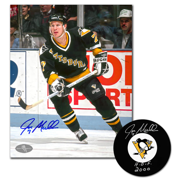 Joe Mullen autographed Pittsburgh Penguins hockey puck and 8x10 photo combo with HOF 2000 inscription