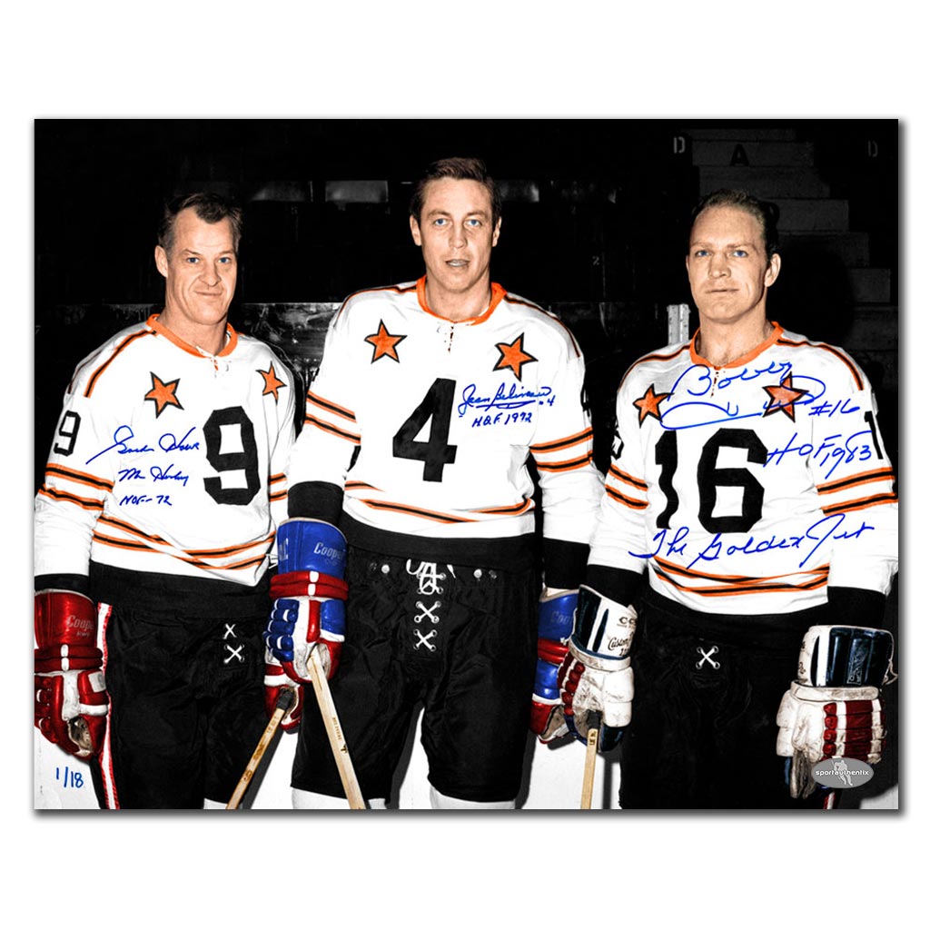 Jean Beliveau Gordie Howe Bobby Hull autographed 1964 NHL All-Star Game 16x20 photo with nickname and Hockey Hall of Fame year inscriptions
