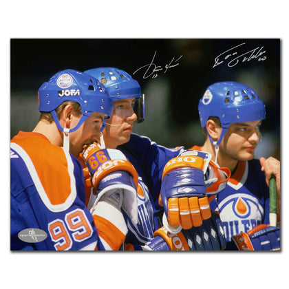 Jari Kurri & Esa Tikkanen signed 8x10 photo featuring dual Gretzky autographs—ideal for any Edmonton Oilers memorabilia collection.