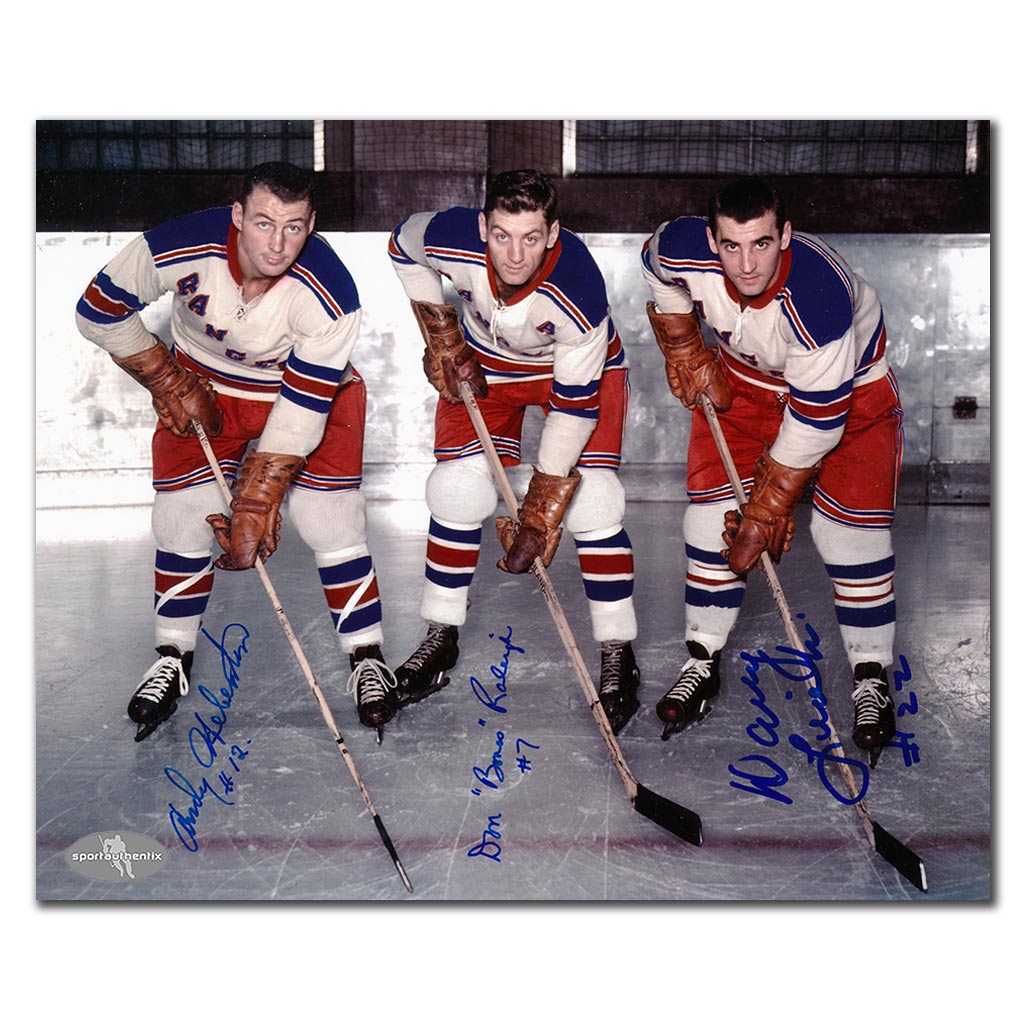 Andy Hebenton, Don Raleigh and Danny Lewicki autographed New York Rangers 8x10 photo