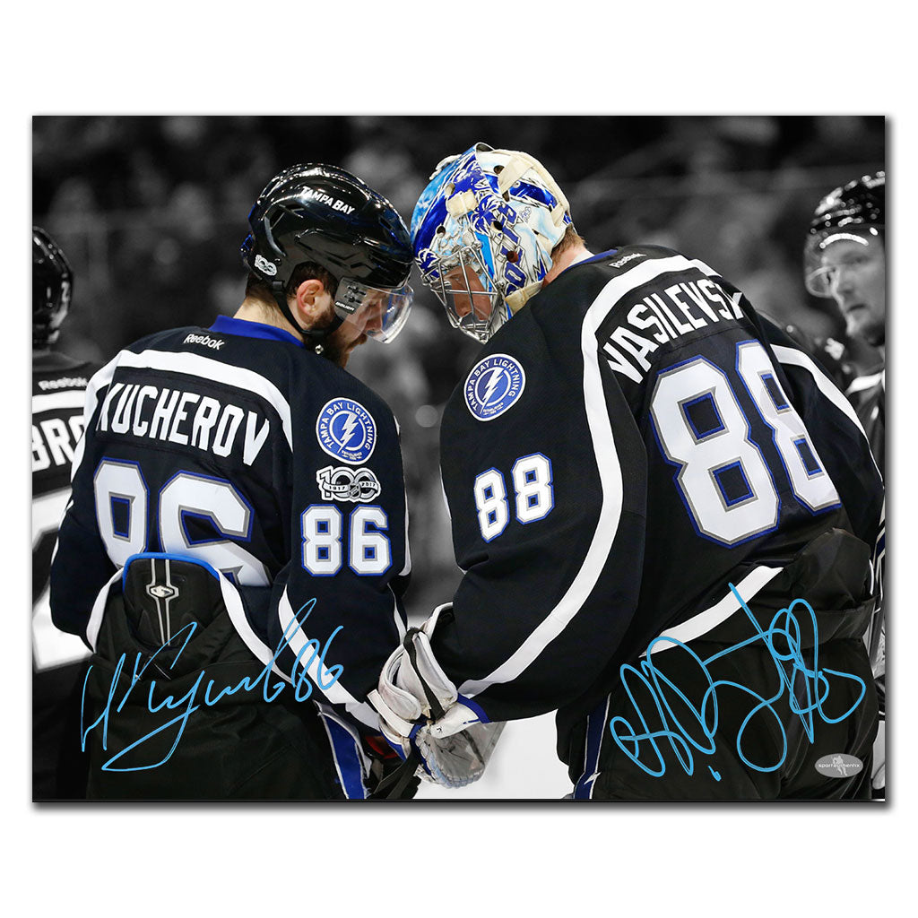Nikita Kucherov and Andrei Vasilevskiy autographed Tampa Bay Lightning 16x20 photo featuring blue signatures