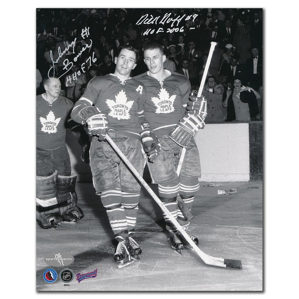 Johnny Bower and Dick Duff autographed Toronto Maple Leafs 8x10 photo with Hall of Fame inscriptions