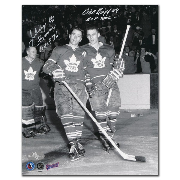 Johnny Bower and Dick Duff autographed Toronto Maple Leafs 8x10 photo with Hall of Fame inscriptions