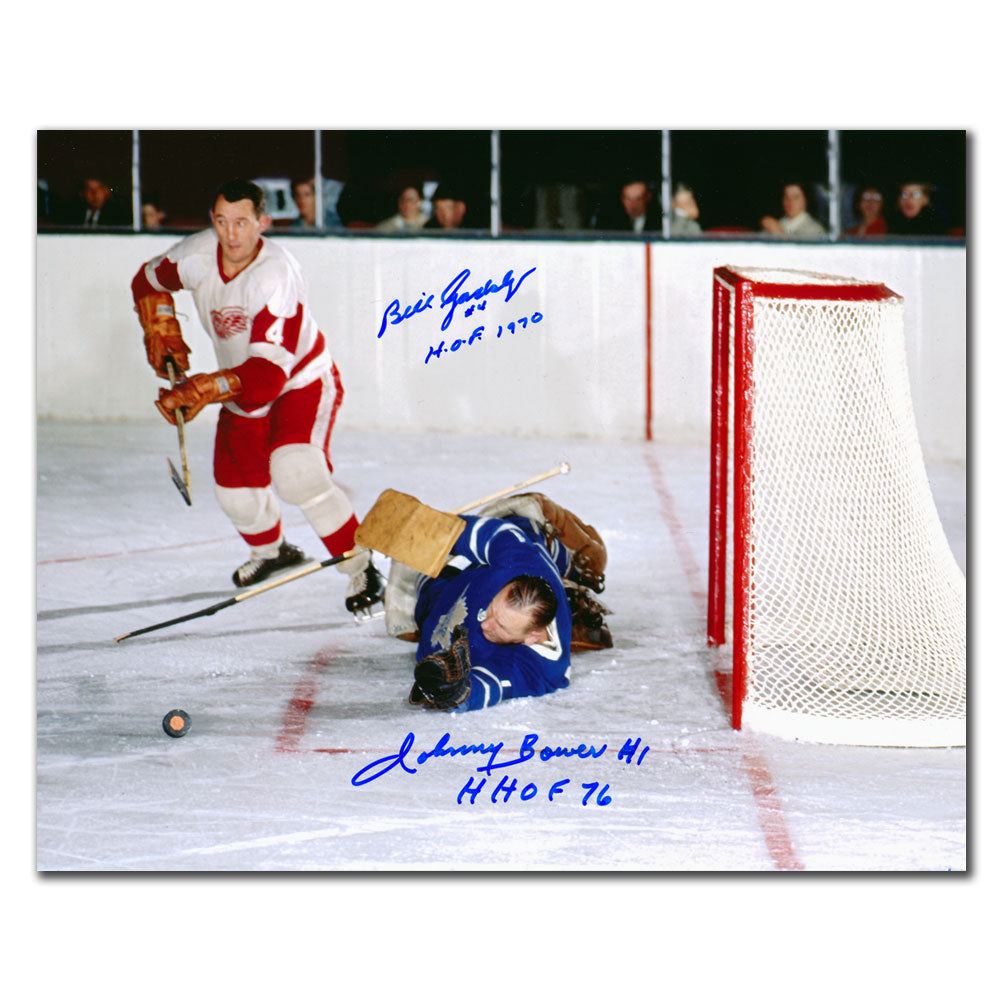 Johnny Bower Maple Leafs contre Bill Gadsby Red Wings Double dédicacé 8x10