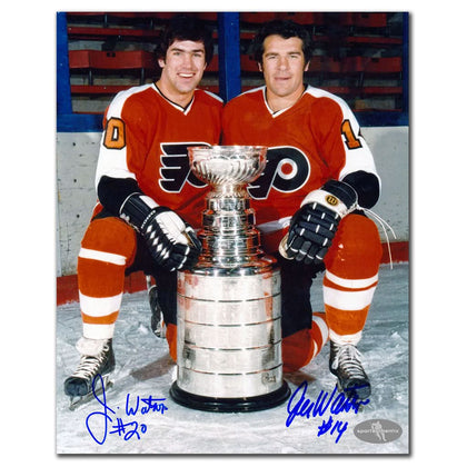 8x10 photo featuring Jim & Joe Watson’s signatures, showcasing their Stanley Cup win—a top Philadelphia Flyers collectible.