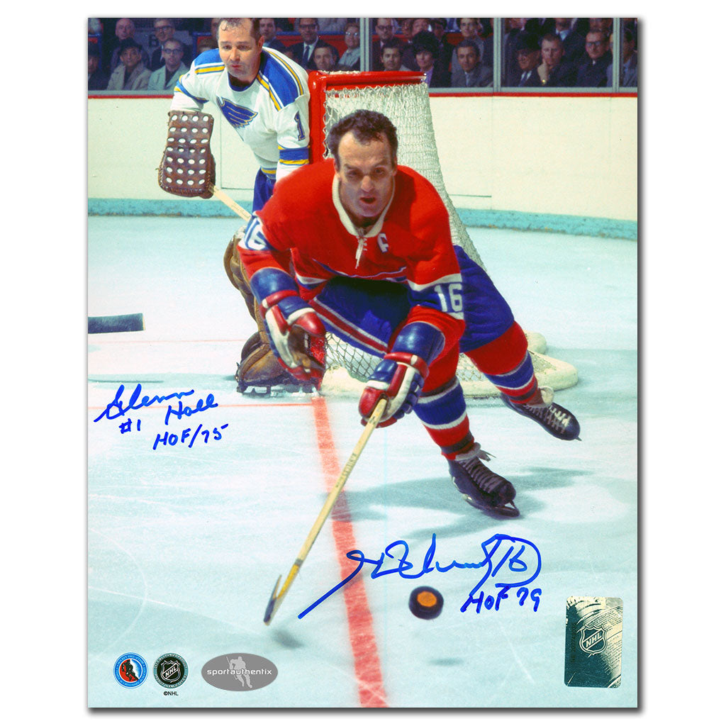 Photo autographiée 8x10 de Glenn Hall contre Henri Richard HOF