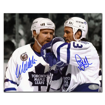 Wendel Clark & Doug Gilmour dual signed 8x10 photo, both autographs in blue marker—perfect addition to any Maple Leafs collection.