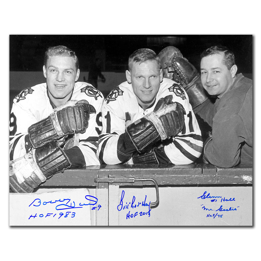 Bobby Hull, Bill Hay & Glenn Hall Chicago Blackhawks HOF Legends Autographed 11x14