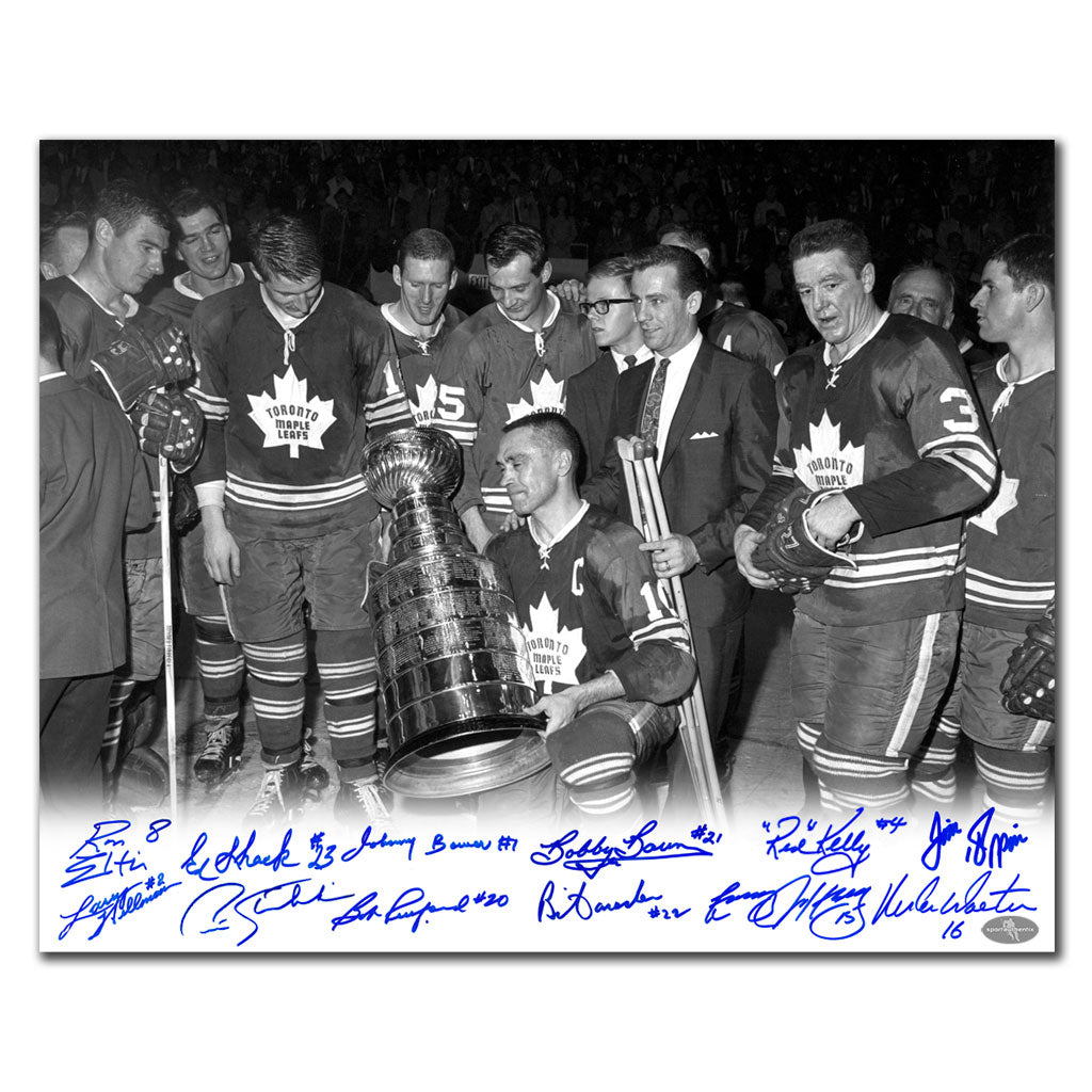 1967 Toronto Maple Leafs Stanley Cup B&W Celebration Autographed 16x20 Signed by 12