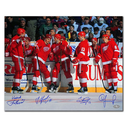 The perfect collectible for fans: a 16x20 autographed photo, signed by Russian 5 Detroit Red Wings members Fetisov, Fedorov, Kozlov & Larionov.