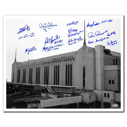Boston Garden Bruins Legends 16x20 inscribed photo, signed by 15 with signatures displayed above an image of the stadium.