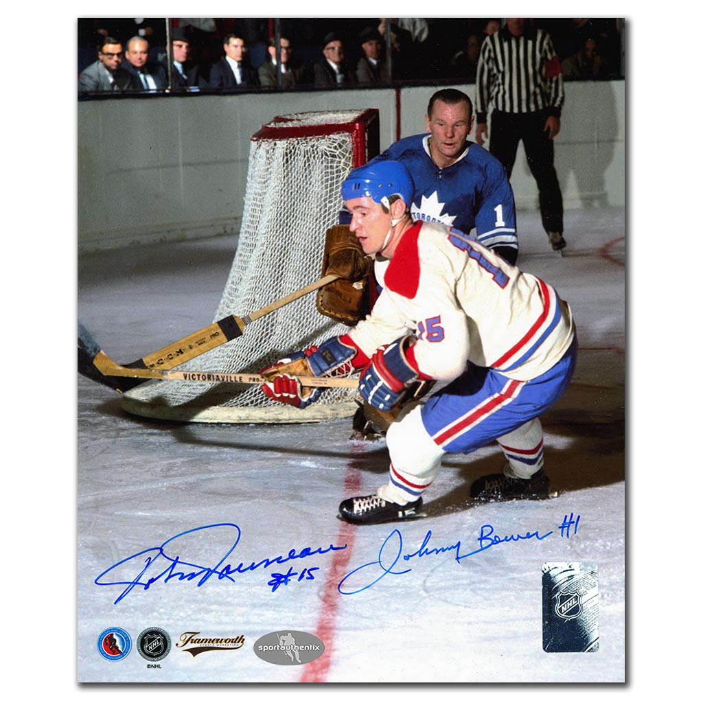 Johnny Bower and Bobby Rousseau autographed Toronto Maple Leafs vs Montreal Canadiens 8x10 photo
