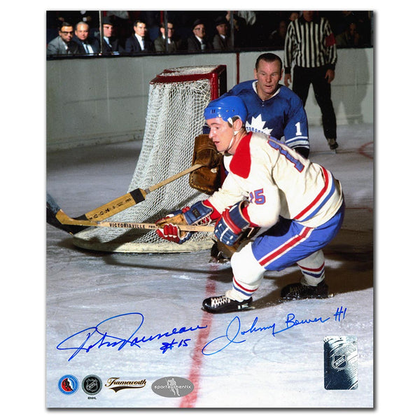 Johnny Bower and Bobby Rousseau autographed Toronto Maple Leafs vs Montreal Canadiens 8x10 photo