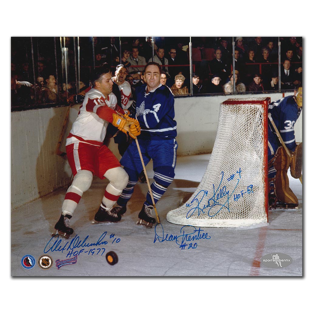 Alex Delvecchio Dean Prentice and Red Kelly autographed Detroit Red Wings vs Toronto Maple Leafs 8x10 photo with HOF 1977 and HOF 69