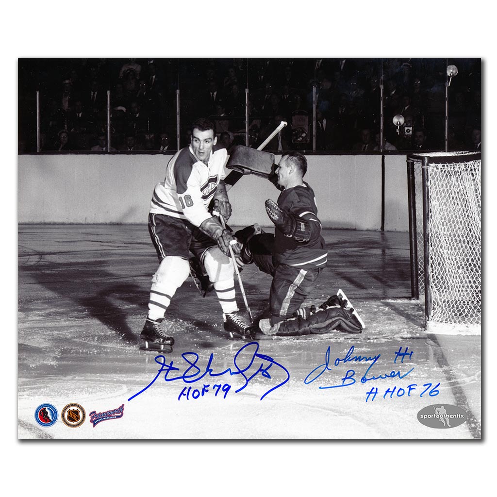 Henri Richard and Johnny Bower autographed Montreal Canadiens vs Toronto Maple Leafs 8x10 photo with HOF 79 and HOF 76