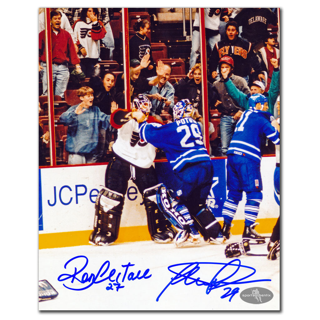 Ron Hextall and Felix Potvin autographed 8x10 photo from Flyers vs Maple Leafs goalie fight
