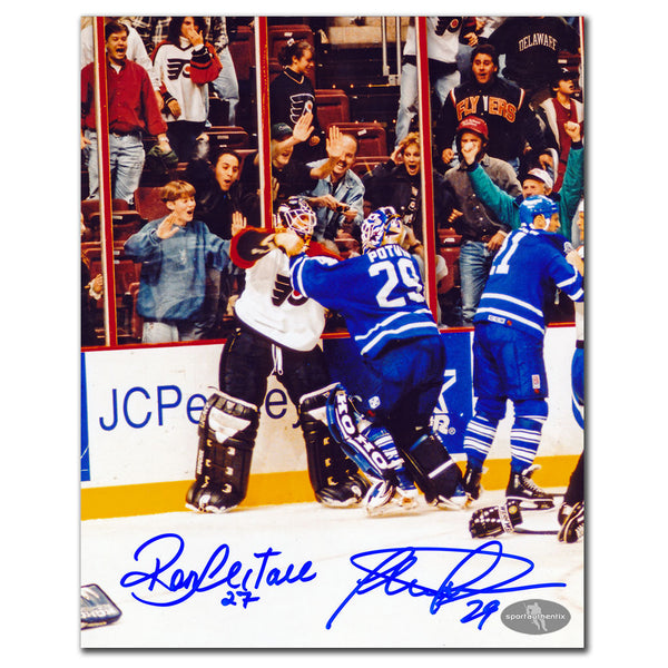 Ron Hextall and Felix Potvin autographed 8x10 photo from Flyers vs Maple Leafs goalie fight