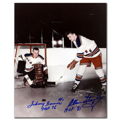 Johnny Bower & Allan Stanley autographed 8x10 glossy photo, featuring bold signatures—perfect for New York Rangers collections.