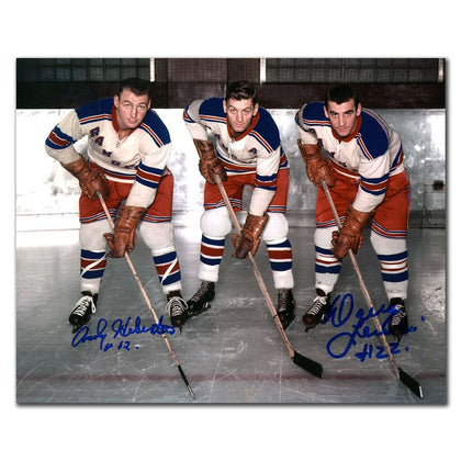 Andy Hebenton & Danny Lewicki signed 8x10 New York Rangers photo, featuring bold autographs, ideal for memorabilia collectors.
