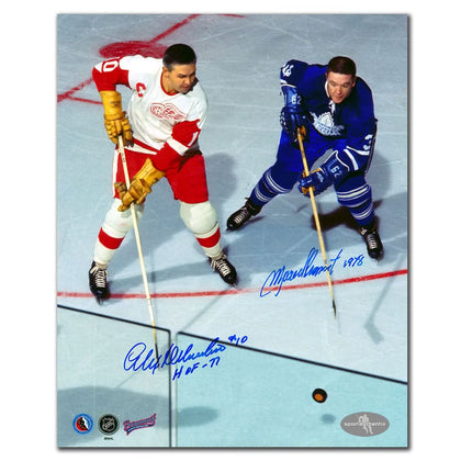 Alex Delvecchio vs Marcel Pronovost dual autographed 8x10 photo, signatures in bold ink—an essential sports collectible.