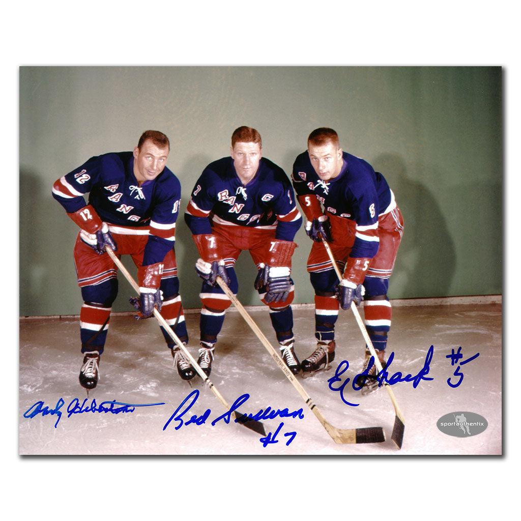Andy Hebenton Red Sullivan Ed Shack New York Rangers Triple Autographed 8x10 Photo