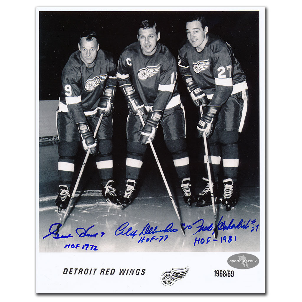 Gordie Howe Alex Delvecchio Frank Mahovlich Detroit Red Wings Triple Autographed 8x10 Photo