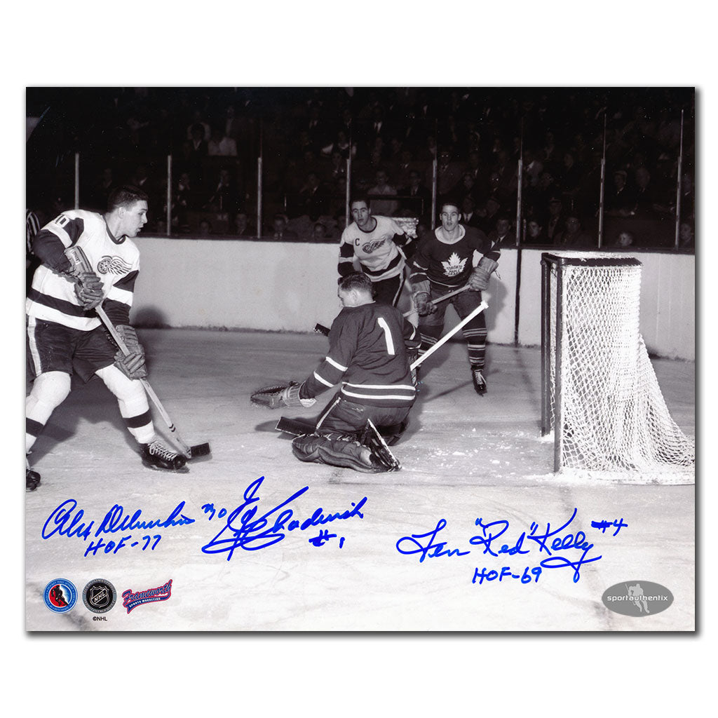 Alex Delvecchio et Red Kelly contre Ed Chadwick triple photo dédicacée 8 x 10