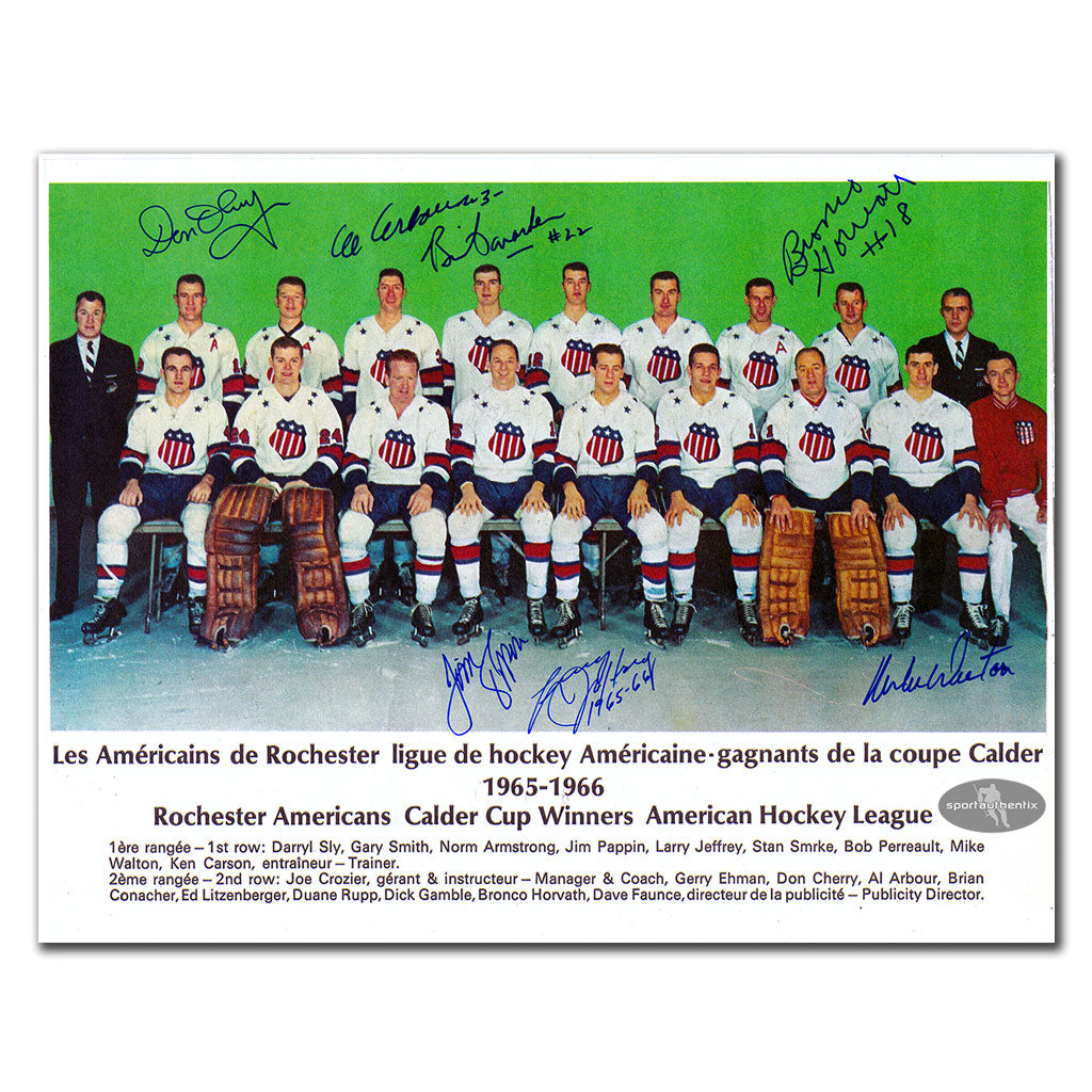 1965-66 Rochester Americans Calder Cup Winners Team Photo dédicacée 8 x 10 signée par 7