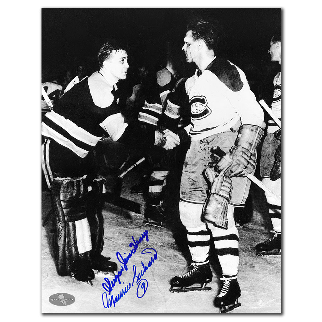 Maurice Richard and Sugar Jim Henry autographed 11x14 photo shaking hands on the ice