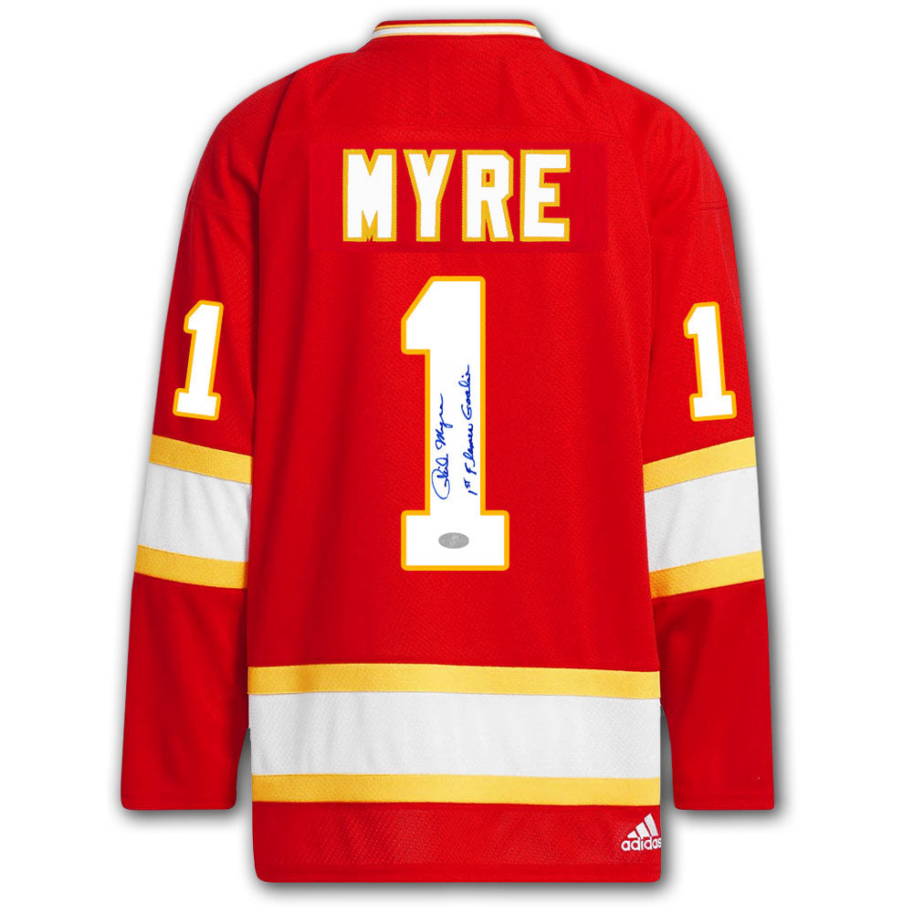 Phil Myre autographed Atlanta Flames Adidas Pro jersey back with Myre nameplate, number 1, autograph, 1st Flames Goalie inscription and SportAuthentix hologram