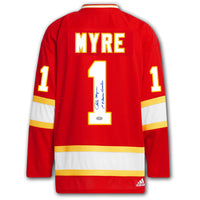 Phil Myre autographed Atlanta Flames Adidas Pro jersey back with Myre nameplate, number 1, autograph, 1st Flames Goalie inscription and SportAuthentix hologram