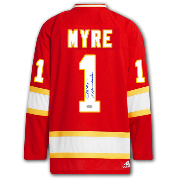 Phil Myre autographed Atlanta Flames Adidas Pro jersey back with Myre nameplate, number 1, autograph, 1st Flames Goalie inscription and SportAuthentix hologram