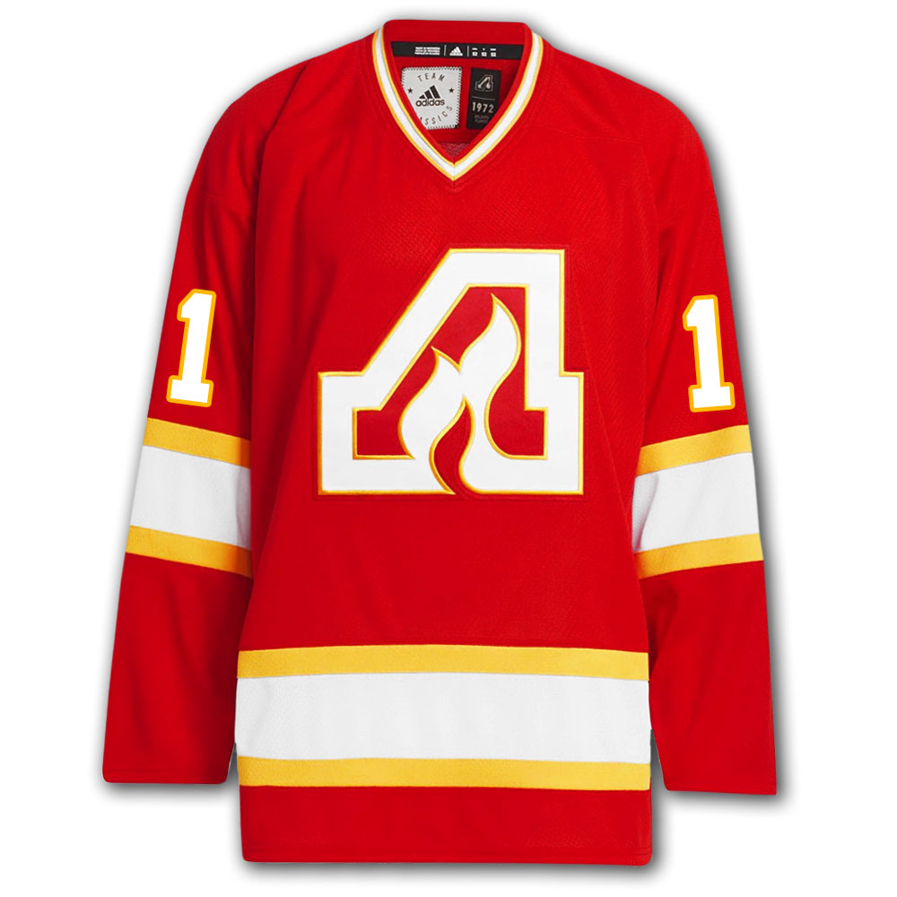 Phil Myre autographed Atlanta Flames Adidas Pro jersey front with red home styling, Flames crest, number 1 on the sleeves