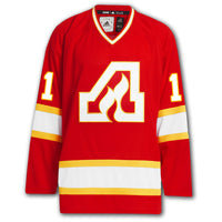 Phil Myre autographed Atlanta Flames Adidas Pro jersey front with red home styling, Flames crest, number 1 on the sleeves