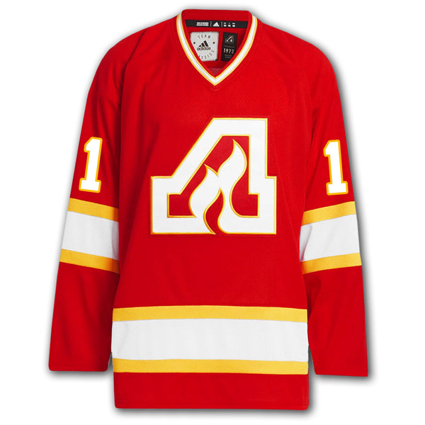 Phil Myre autographed Atlanta Flames Adidas Pro jersey front with red home styling, Flames crest, number 1 on the sleeves