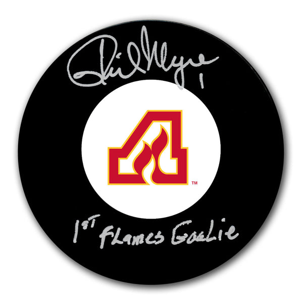 Phil Myre autographed Atlanta Flames hockey puck with 1st Flames Goalie inscription