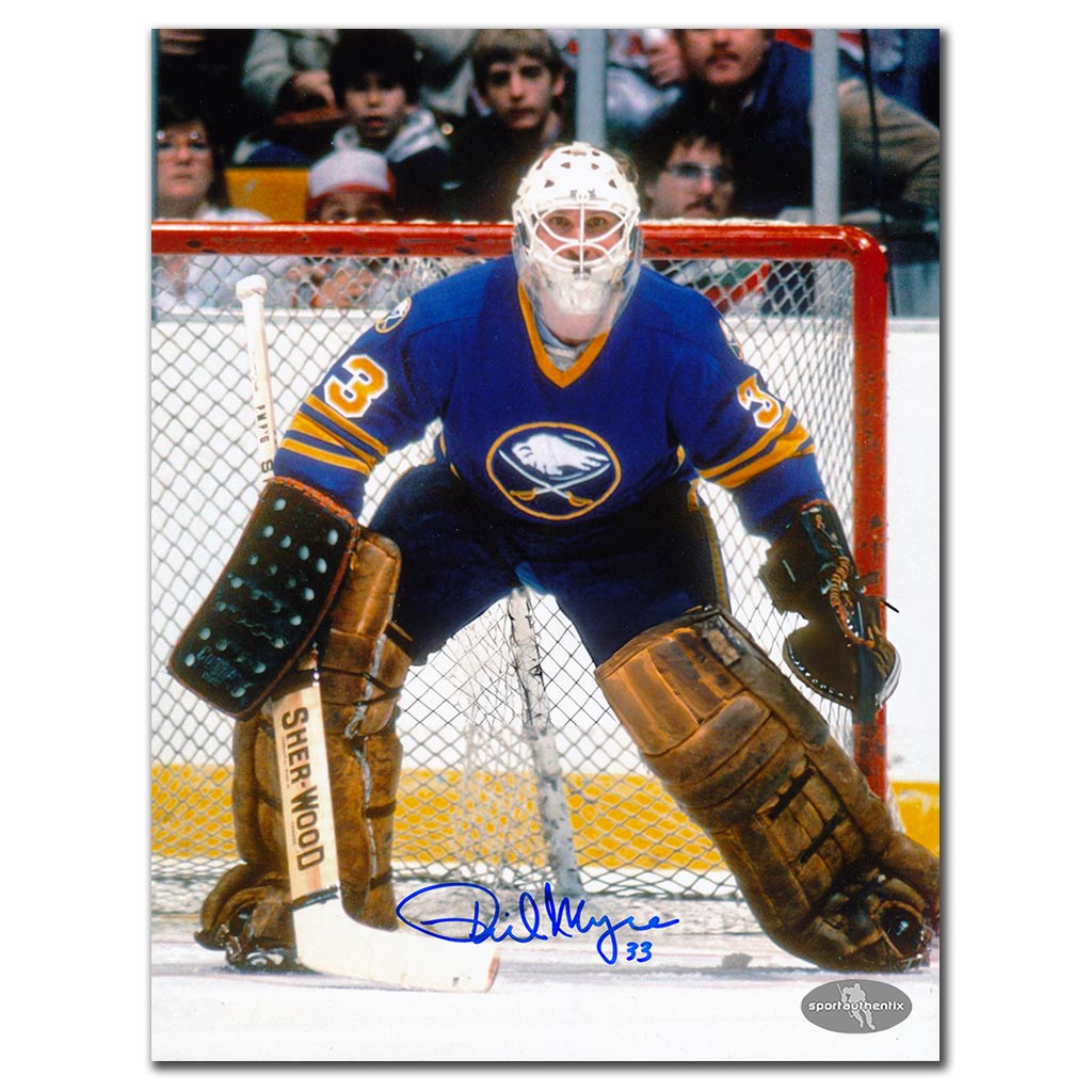 Phil Myre autographed Buffalo Sabres 8x10 hockey photo in blue jersey between the pipes