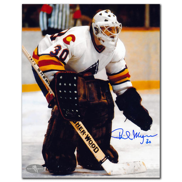 Phil Myre autographed Colorado Rockies 8x10 photo in white jersey playing goalie in net