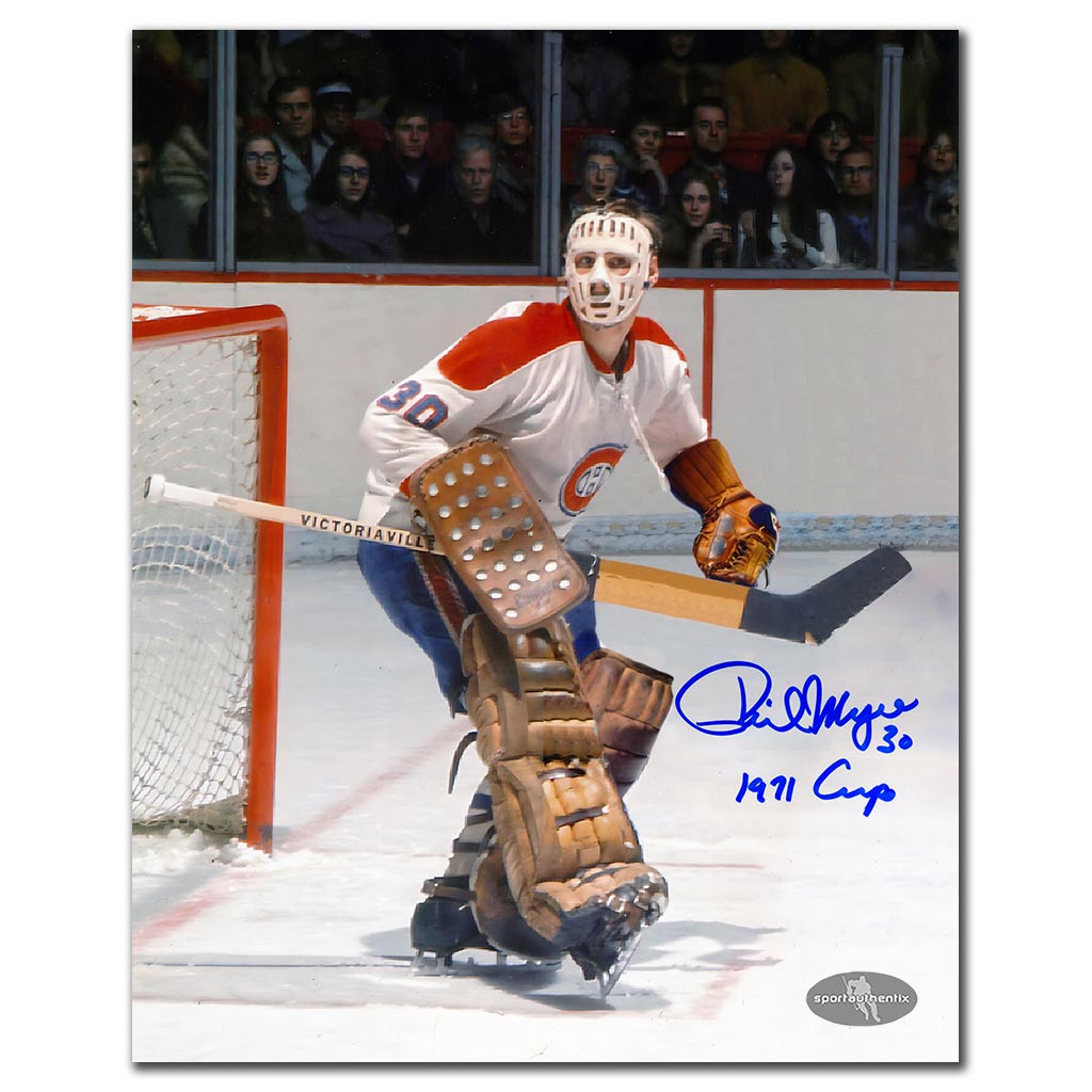 Phil Myre autographed Montreal Canadiens 8x10 hockey photo in white jersey during game action with 1971 Cup inscription